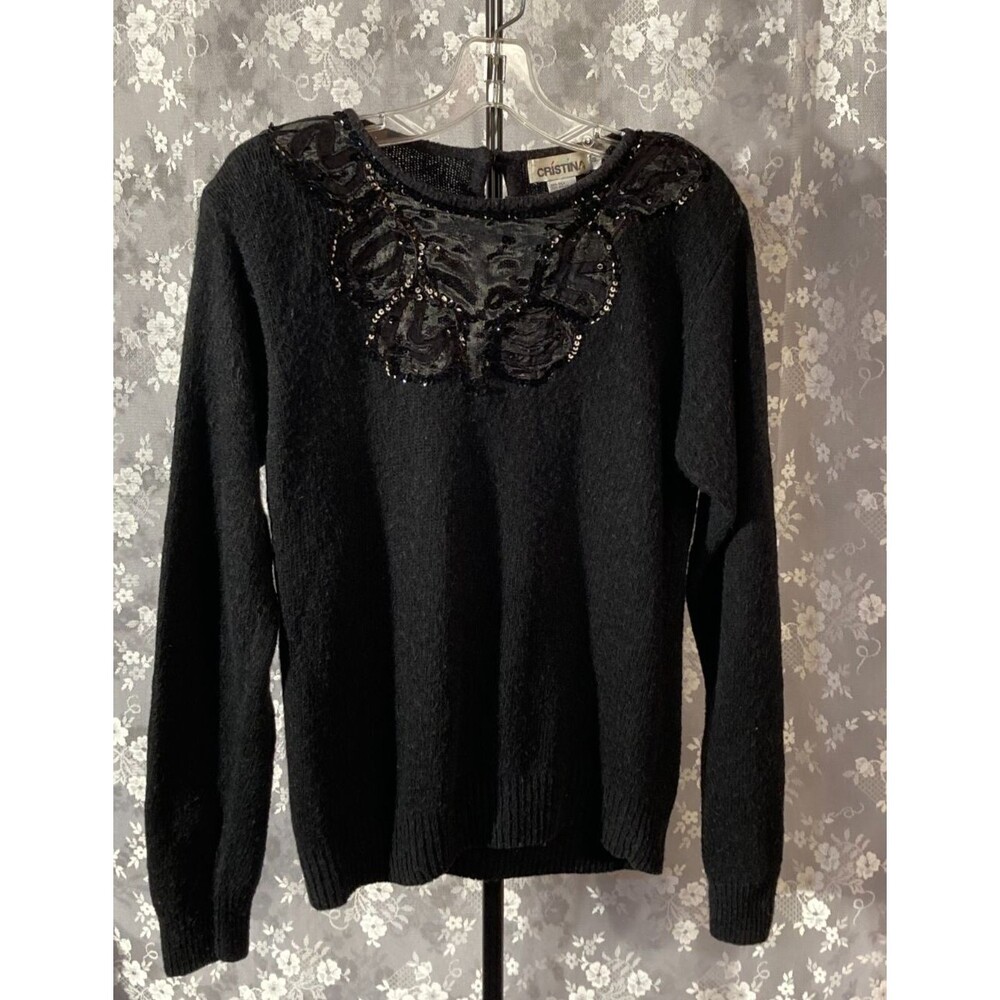 Vintage 80s Sweater 1980s Black Glam Goth Angora New Wave Hipster Size Medium